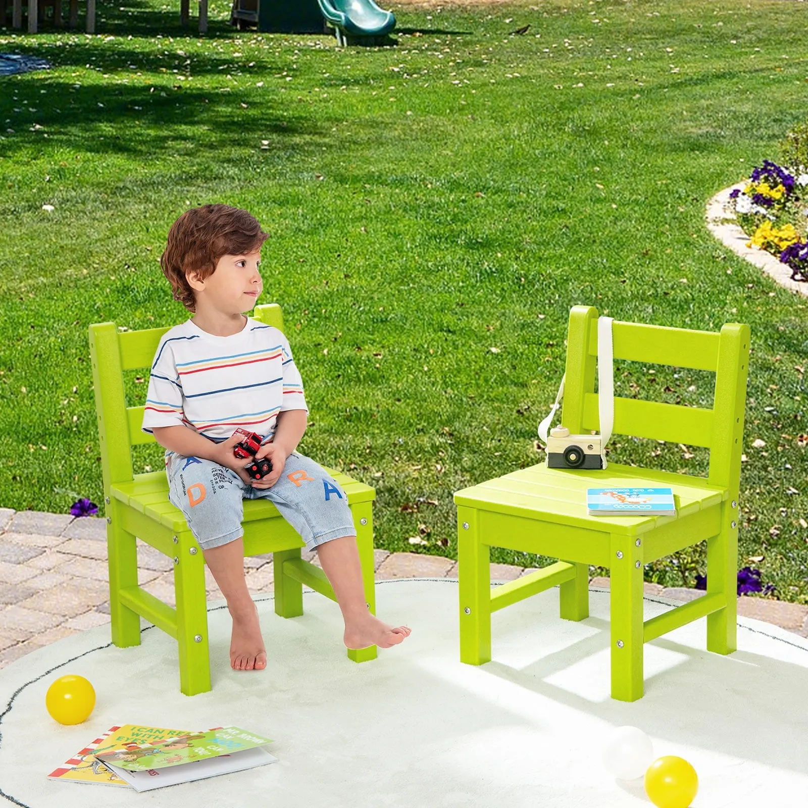 2 PCS Kids Indoor Outdoor Learning Chair with Backrest-Green