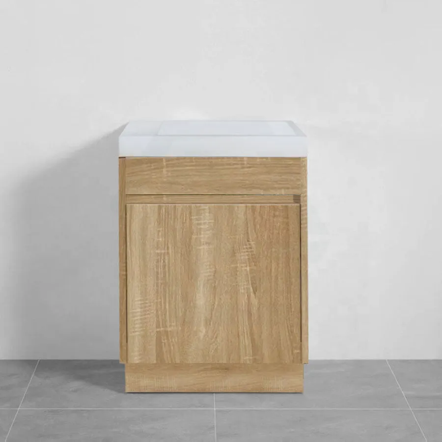 500x250x940mm Mini Bathroom Vanity White Oak Wood Grain Cabinet Ceramic Top Kickboard Freestanding PVC Filmed