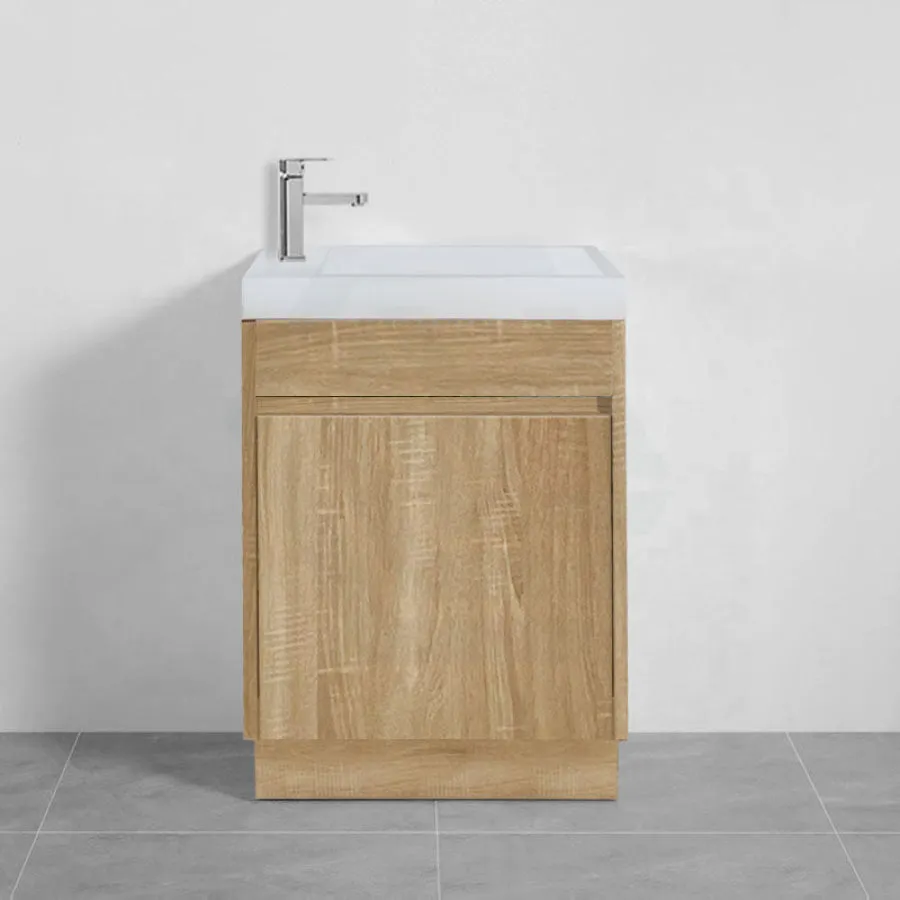 500x250x940mm Mini Bathroom Vanity White Oak Wood Grain Cabinet Ceramic Top Kickboard Freestanding PVC Filmed