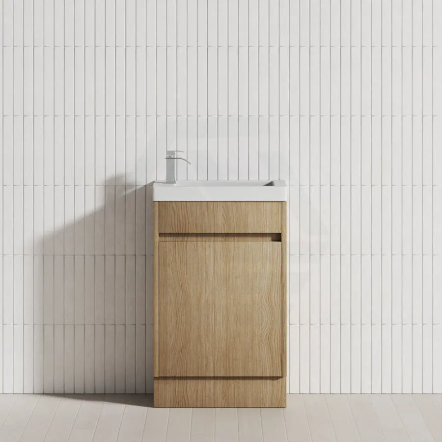 500x250x940mm Mini Bathroom Vanity White Oak Wood Grain Cabinet Ceramic Top Kickboard Freestanding PVC Filmed