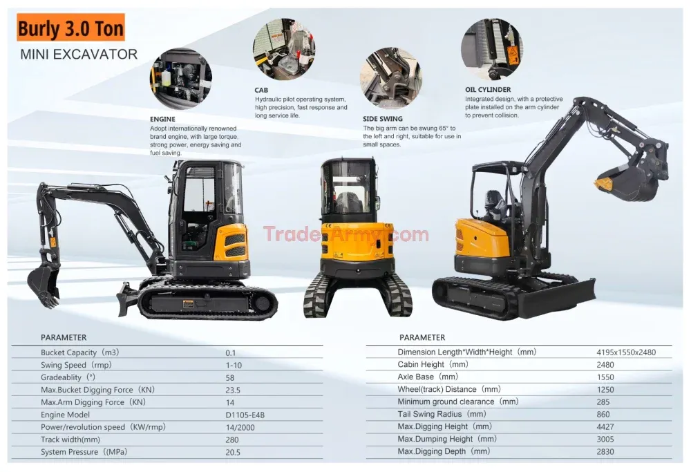 Burly 3.0 Ton Excavator with Kubota D1105 Engine