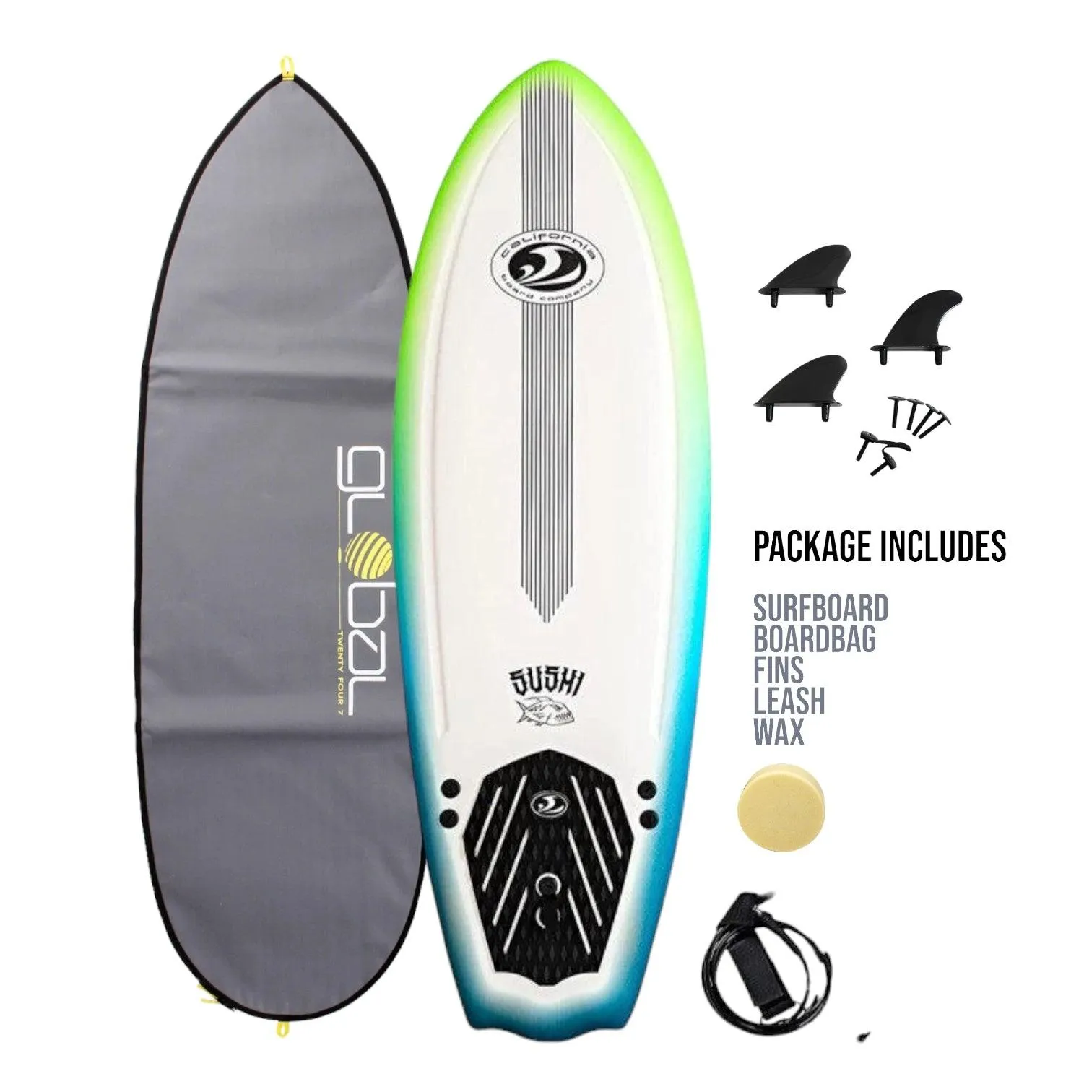 California Board Company CBC Sushi Fish Foam Surfboard 5ft 8 Package Green/Blue