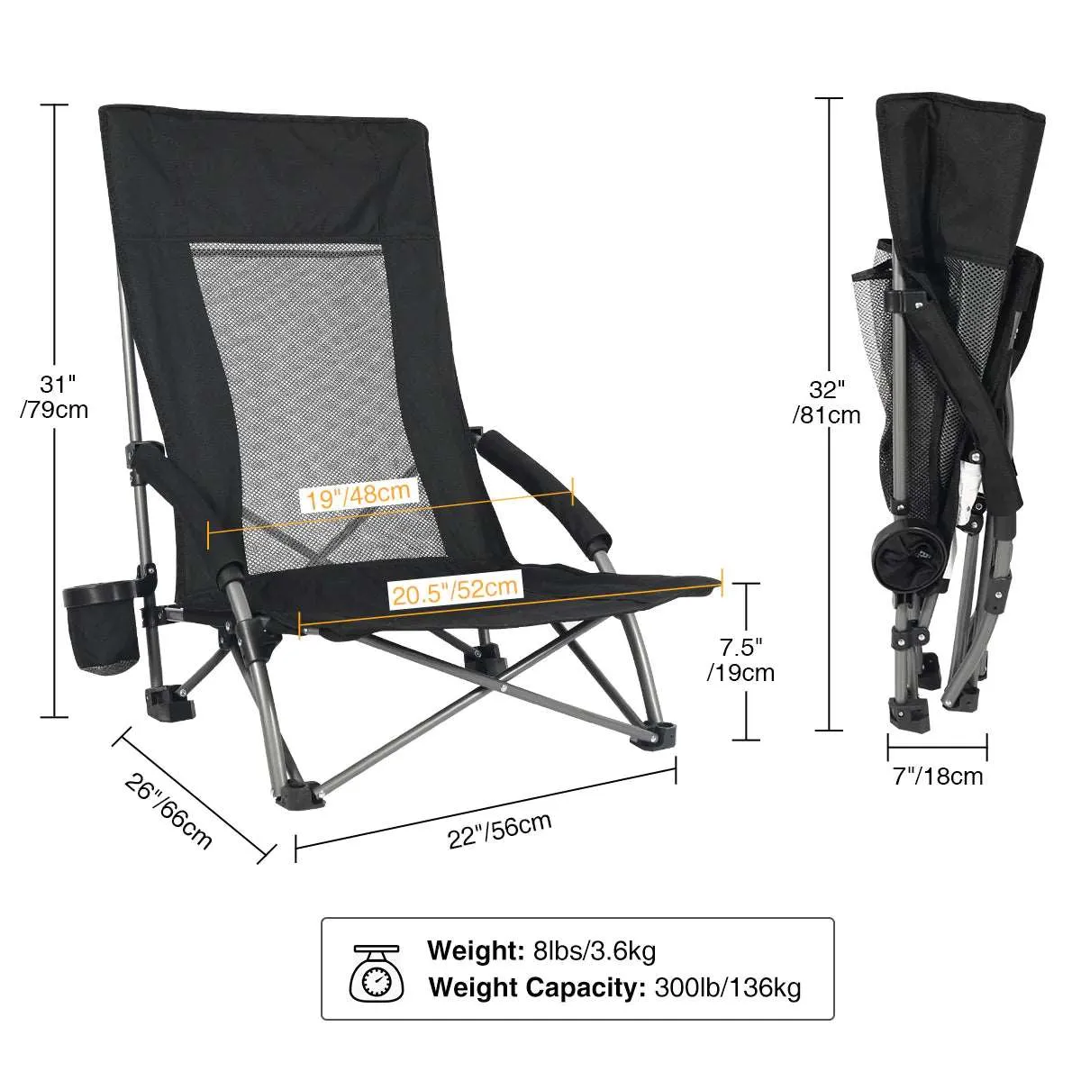 Low Seat Beach Chair with High Mesh Back