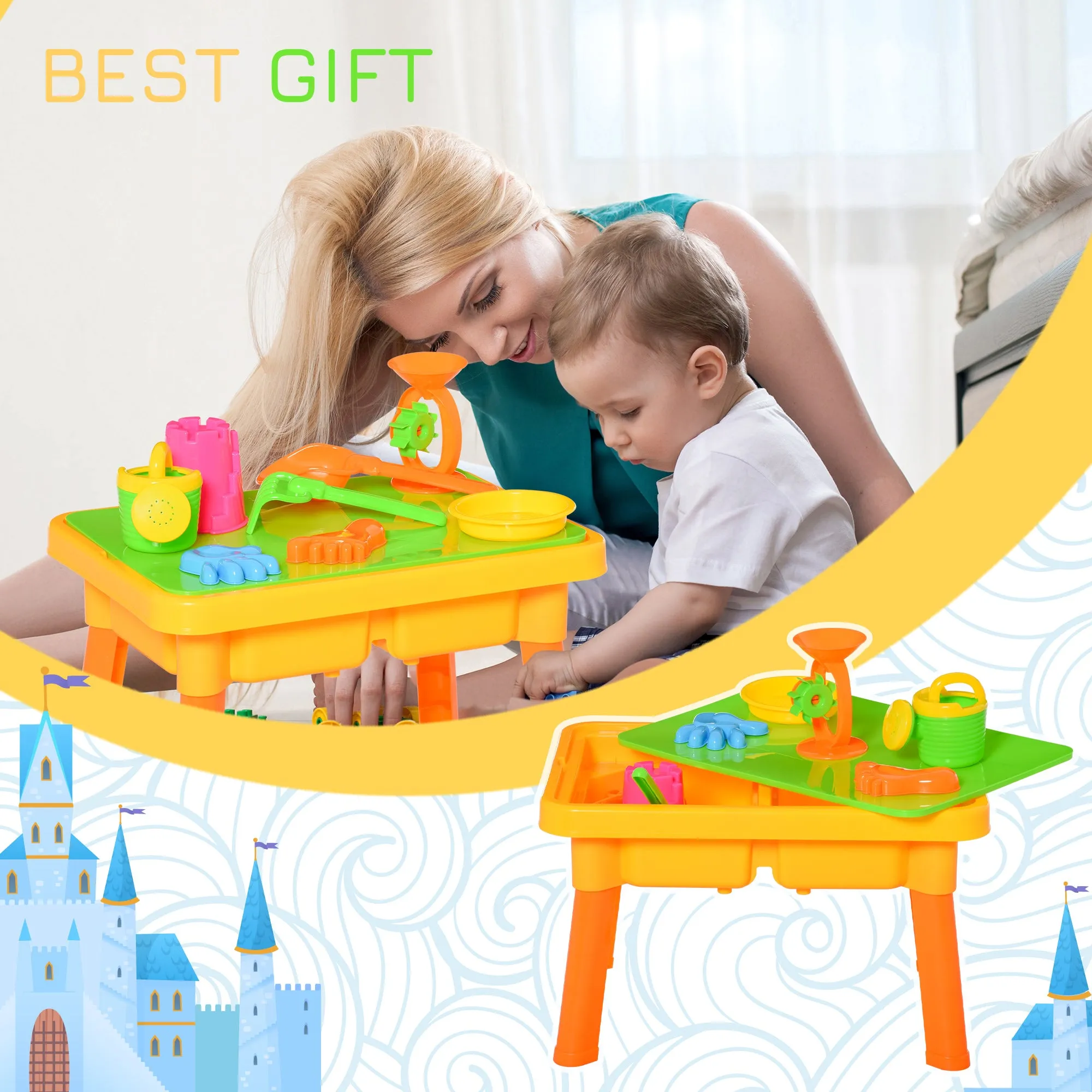 Sand and Water Table Beach Toy Set 2 in 1 Outdoor Activities Playset for Kids with Lid and Accessories Double Compartment Sandpit Sandbox