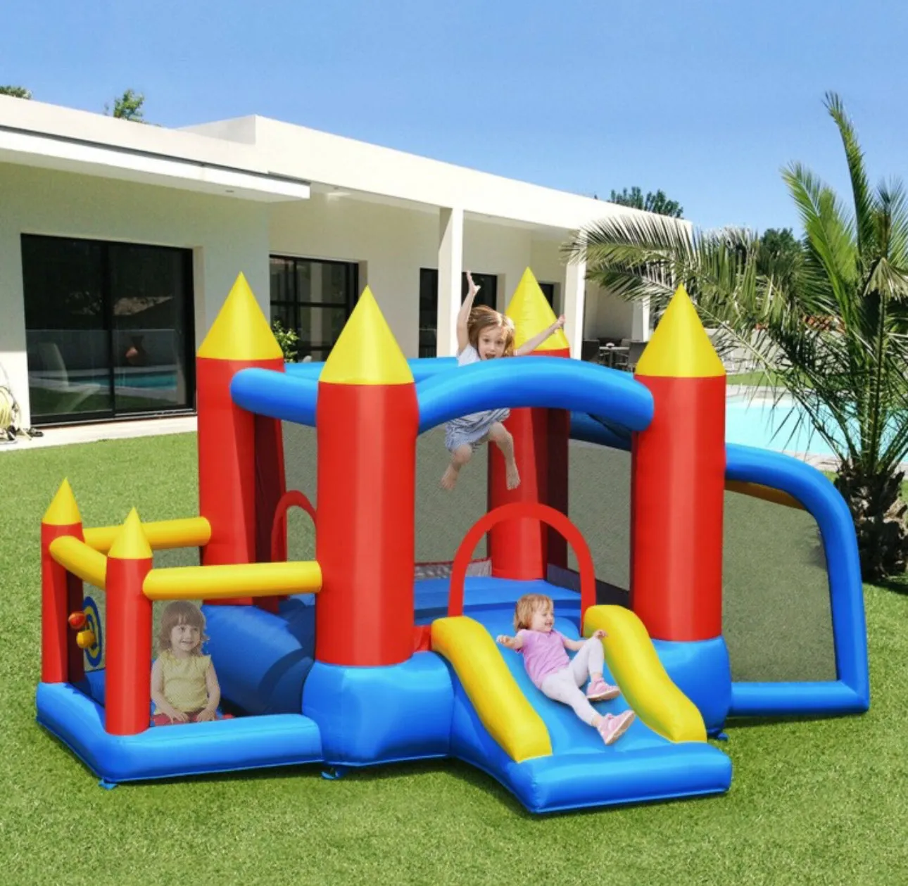 Super Cute & Colourful Inflatable Kids Bouncy Slide Jumping Castle House With 740W Blower | Indoor / Outdoor,Basketball,Football,Ball Pit,Carry Bag