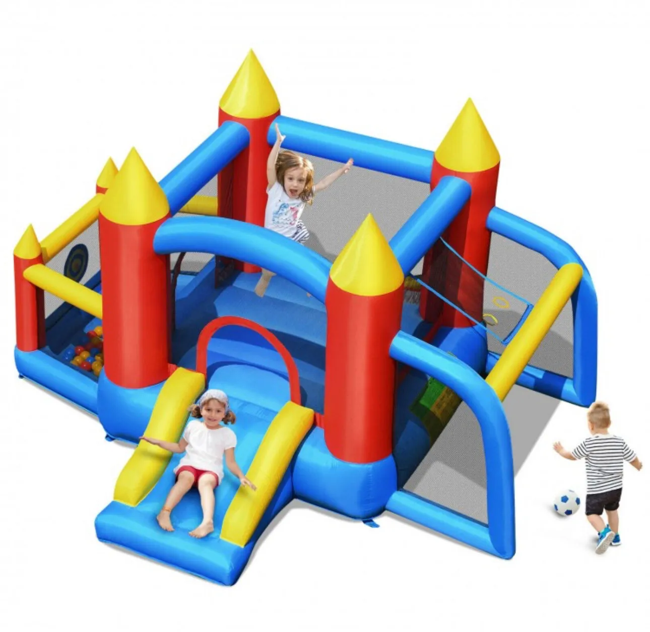 Super Cute & Colourful Inflatable Kids Bouncy Slide Jumping Castle House With 740W Blower | Indoor / Outdoor,Basketball,Football,Ball Pit,Carry Bag