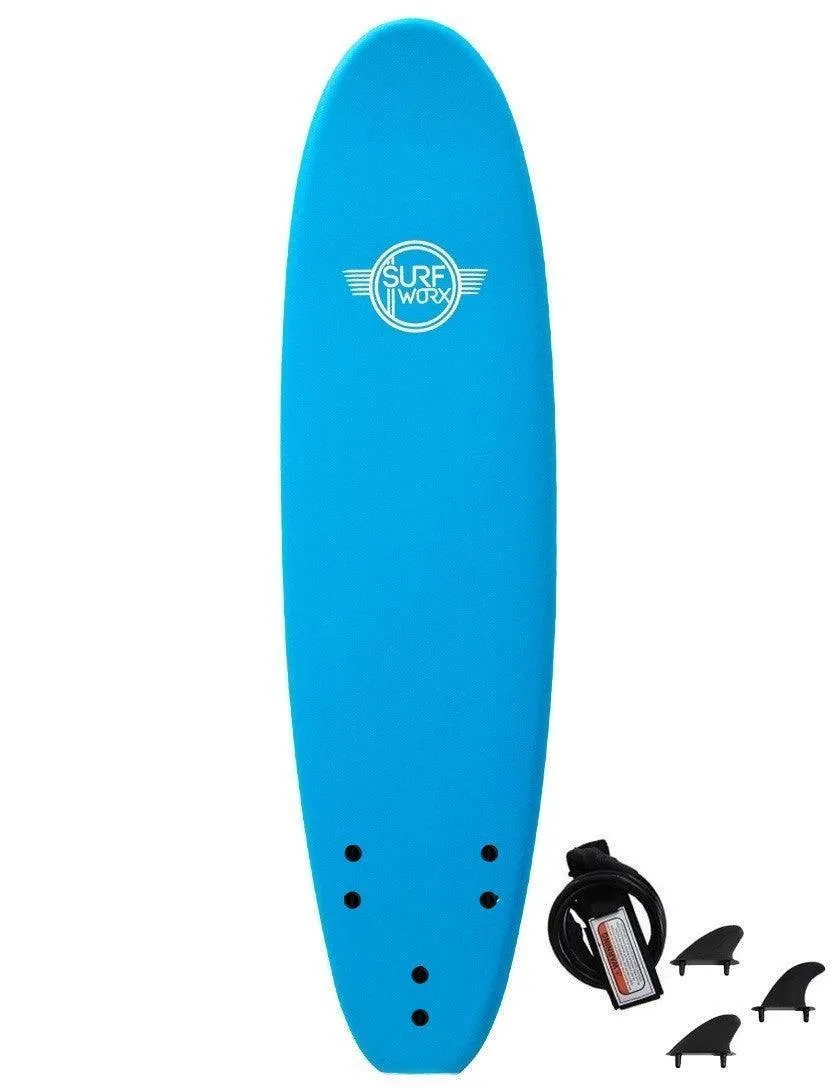 Surfworx Base Mini Mal soft surfboard 7ft 0 Azure Blue Package