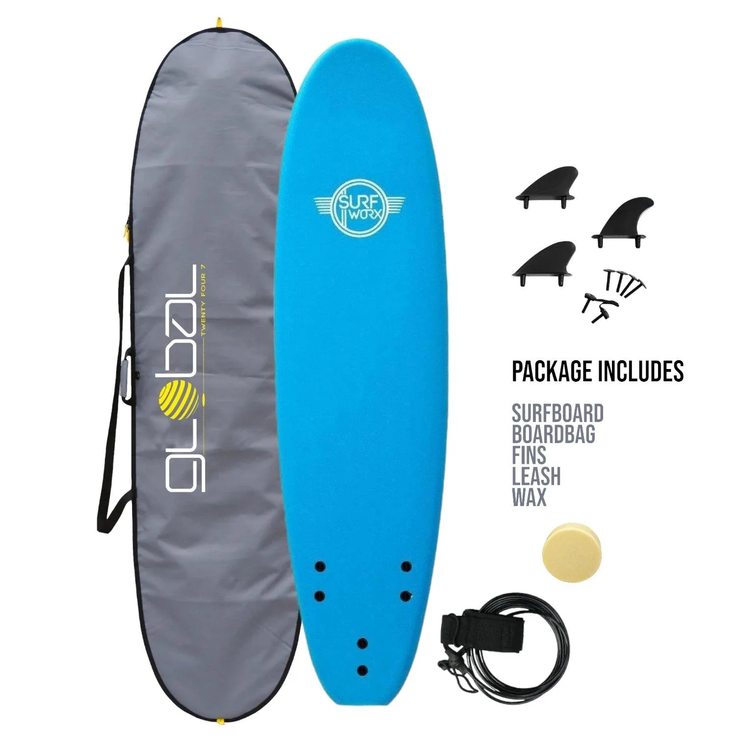 Surfworx Base Mini Mal soft surfboard 7ft 0 Azure Blue Package